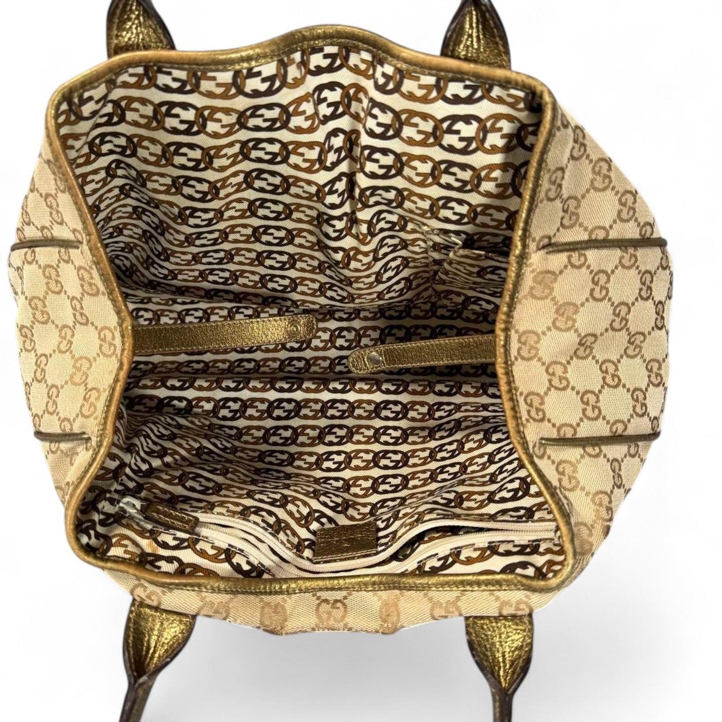 Gucci - Beige Monogram Canvas Handbag with Gold Leather Trim