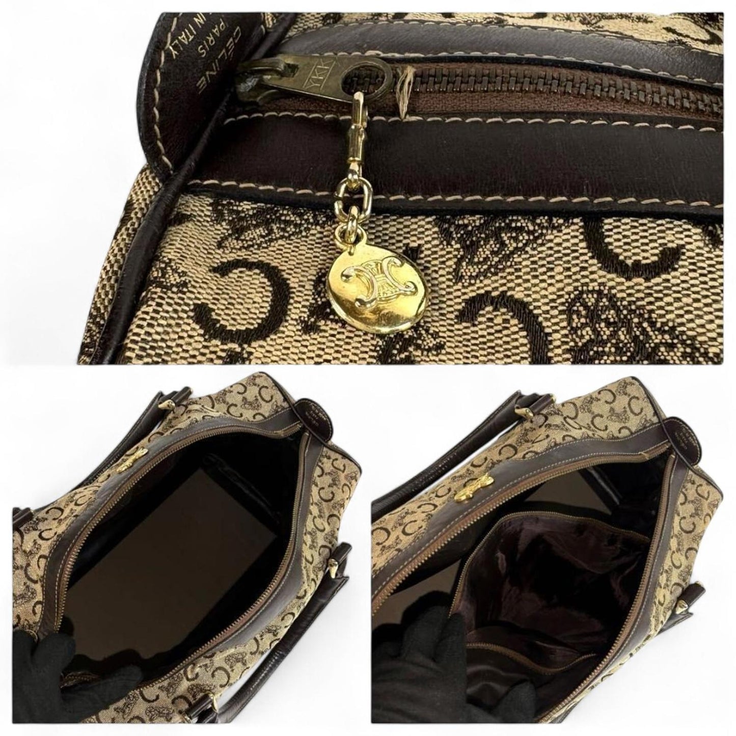 Celine - Vintage Monogram Canvas Handbag with Black Leather