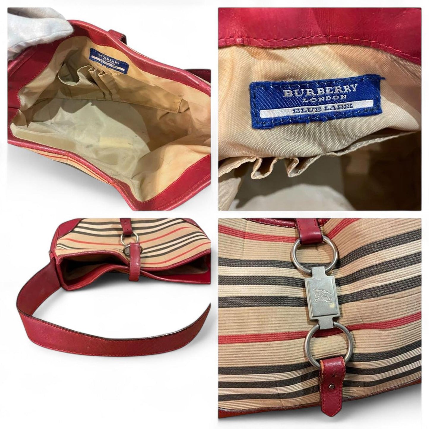 Burberry - Red and Beige Striped Leather Shoulder Bag