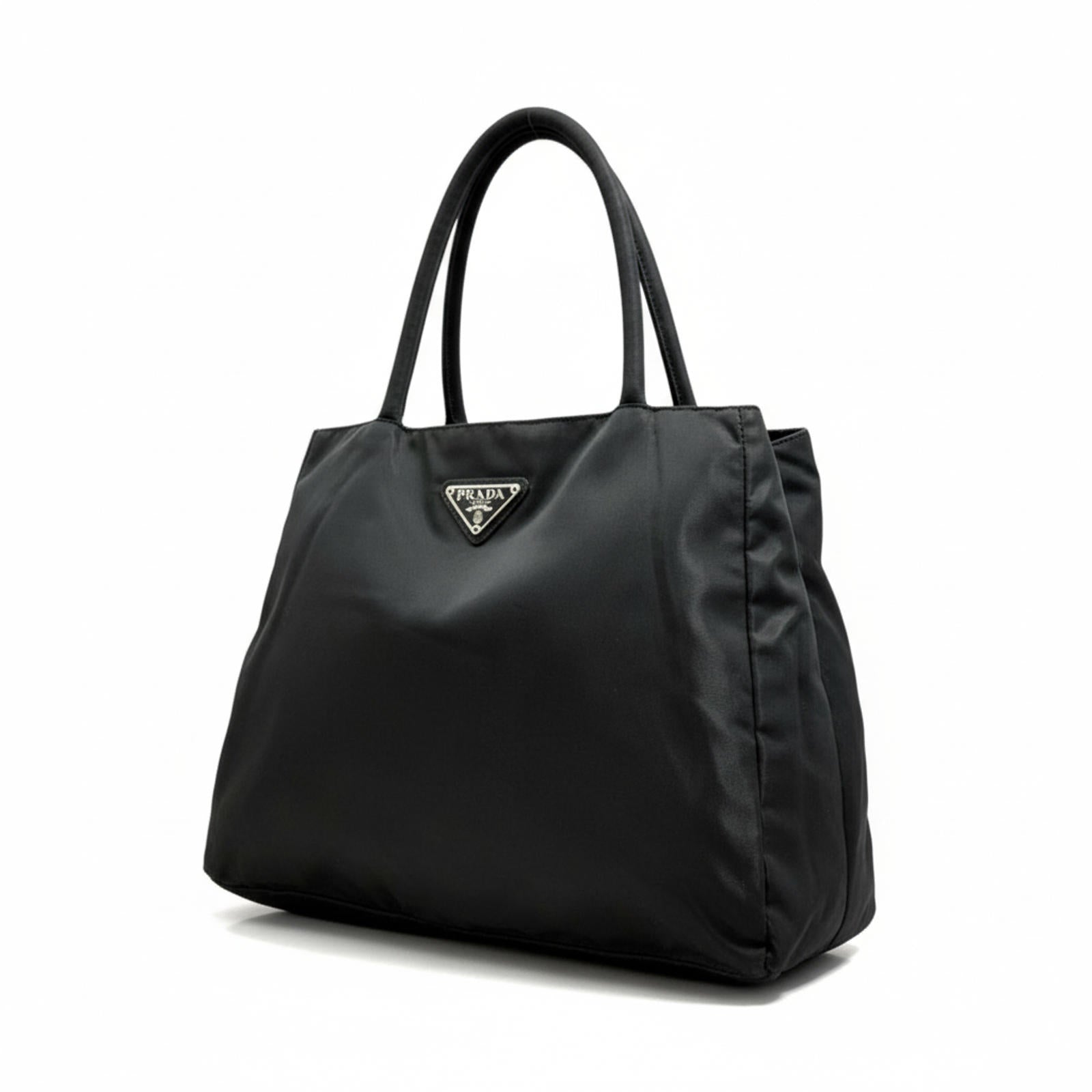 Prada - Black Nylon Handbag with Logo Plaque