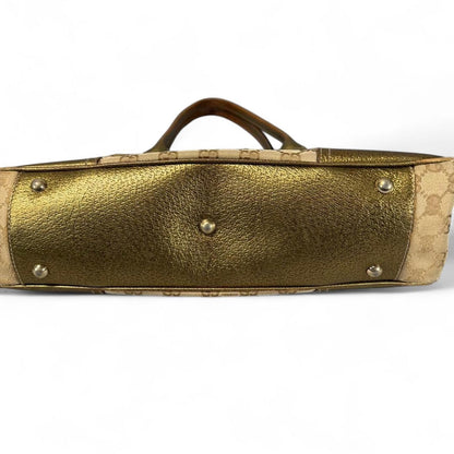 Gucci - Beige Monogram Canvas Handbag with Gold Leather Trim