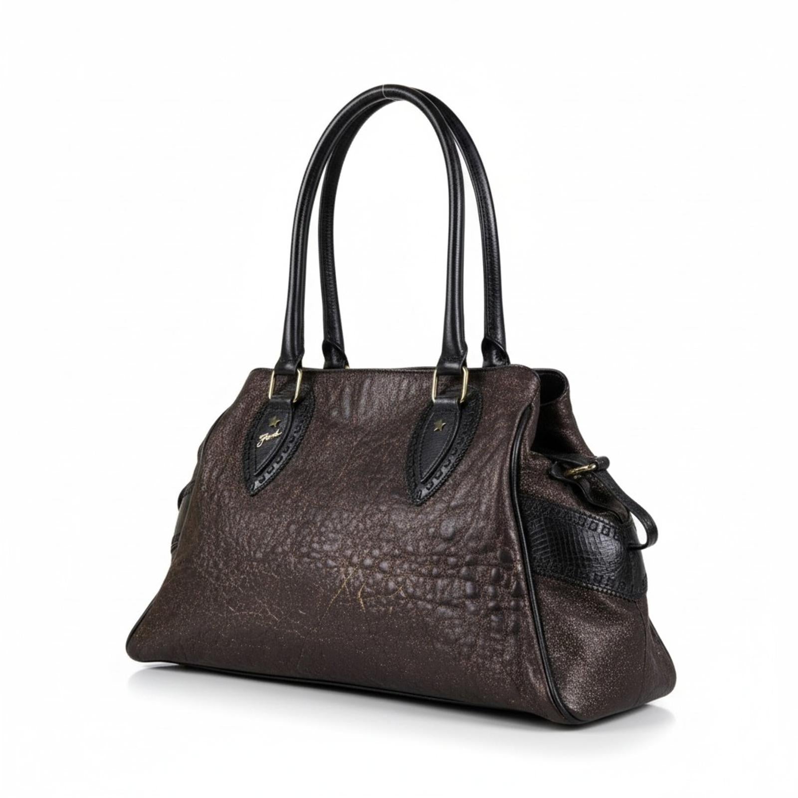 Fendi - Brown Textured Leather Handbag Black Handles