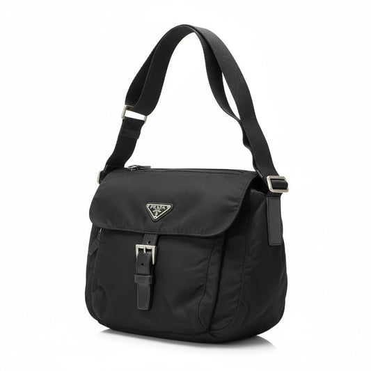 Prada - Black Nylon Shoulder Bag Buckle Detail