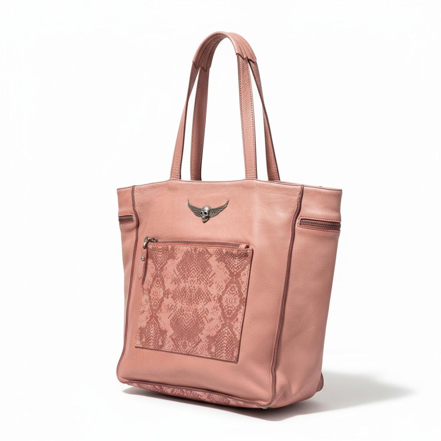 Zadig & Voltaire - Women's Pink Leather Tote Bag with Snakeskin Accen
