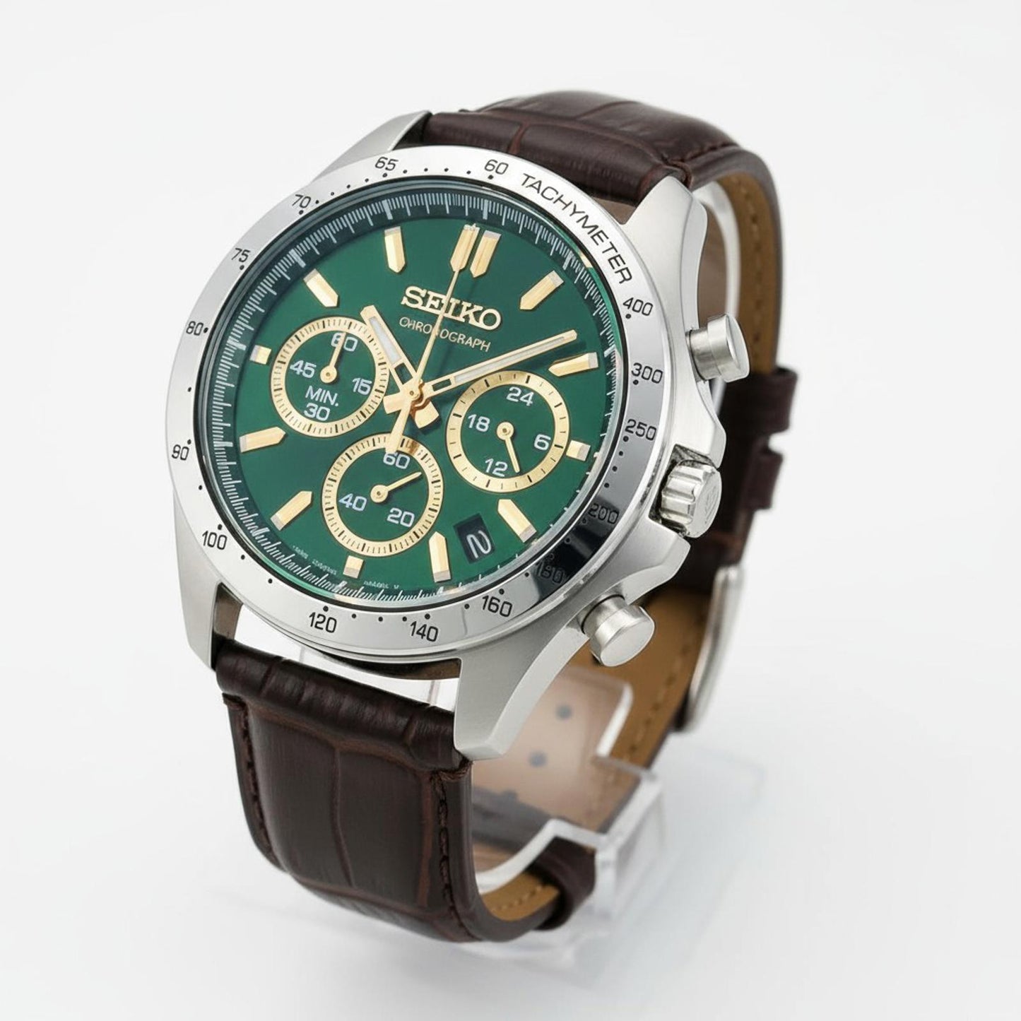 Seiko - Chronograph Watch Green Dial Brown Leather Strap