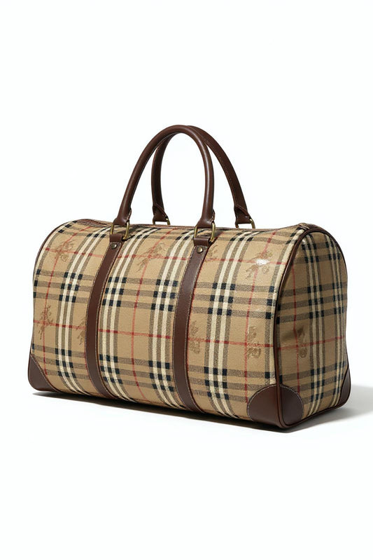 Burberry - Vintage Checkered Travel Bag with Brown Leather