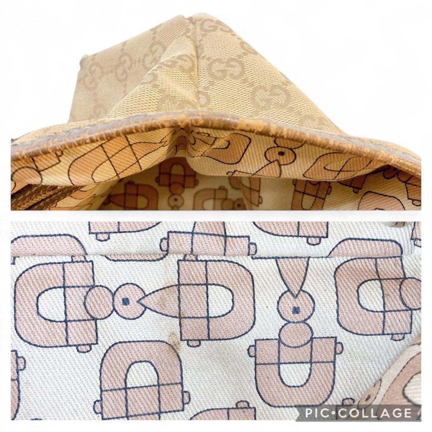 Gucci - Beige Monogram Canvas Handbag with Gold Accents