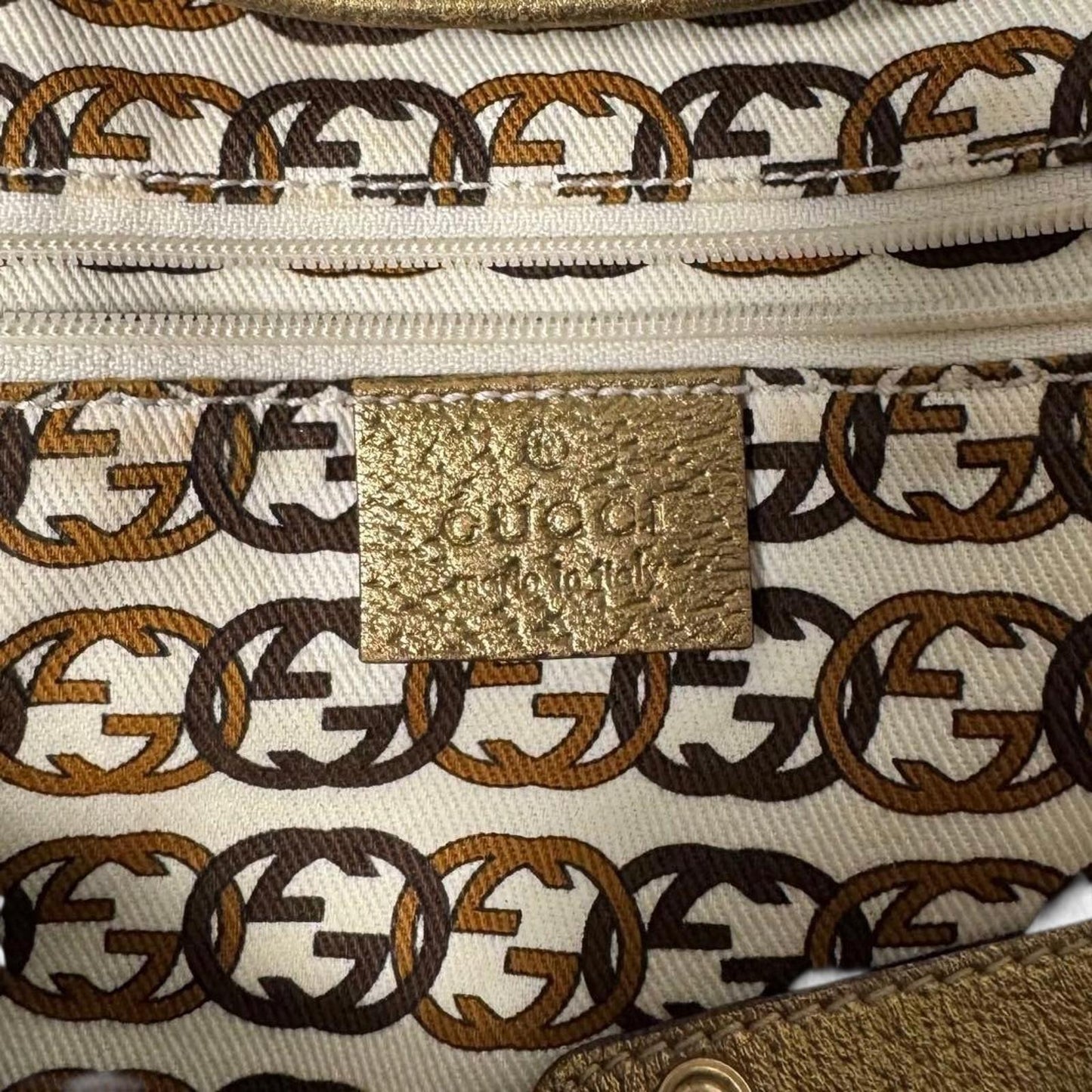 Gucci - Beige Monogram Canvas Handbag with Gold Leather Trim