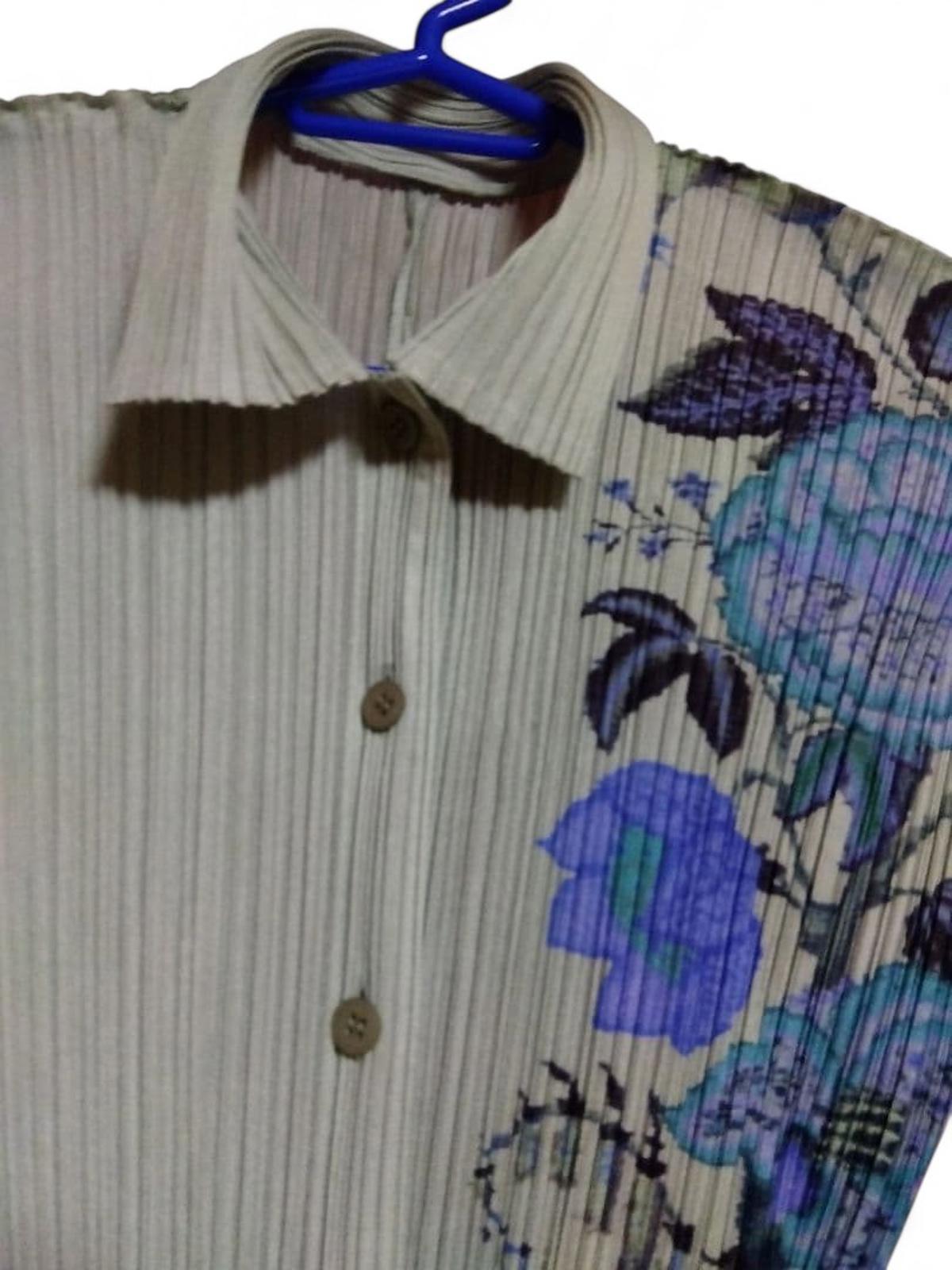 Issey Miyake - Pleats Please Ribbed Blouse Blue Floral Design