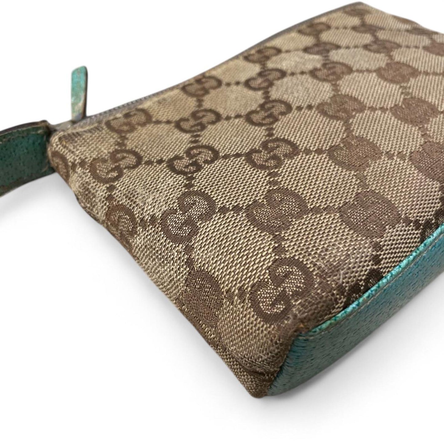 Gucci - Monogram Canvas Pouch with Turquoise Leather Trim
