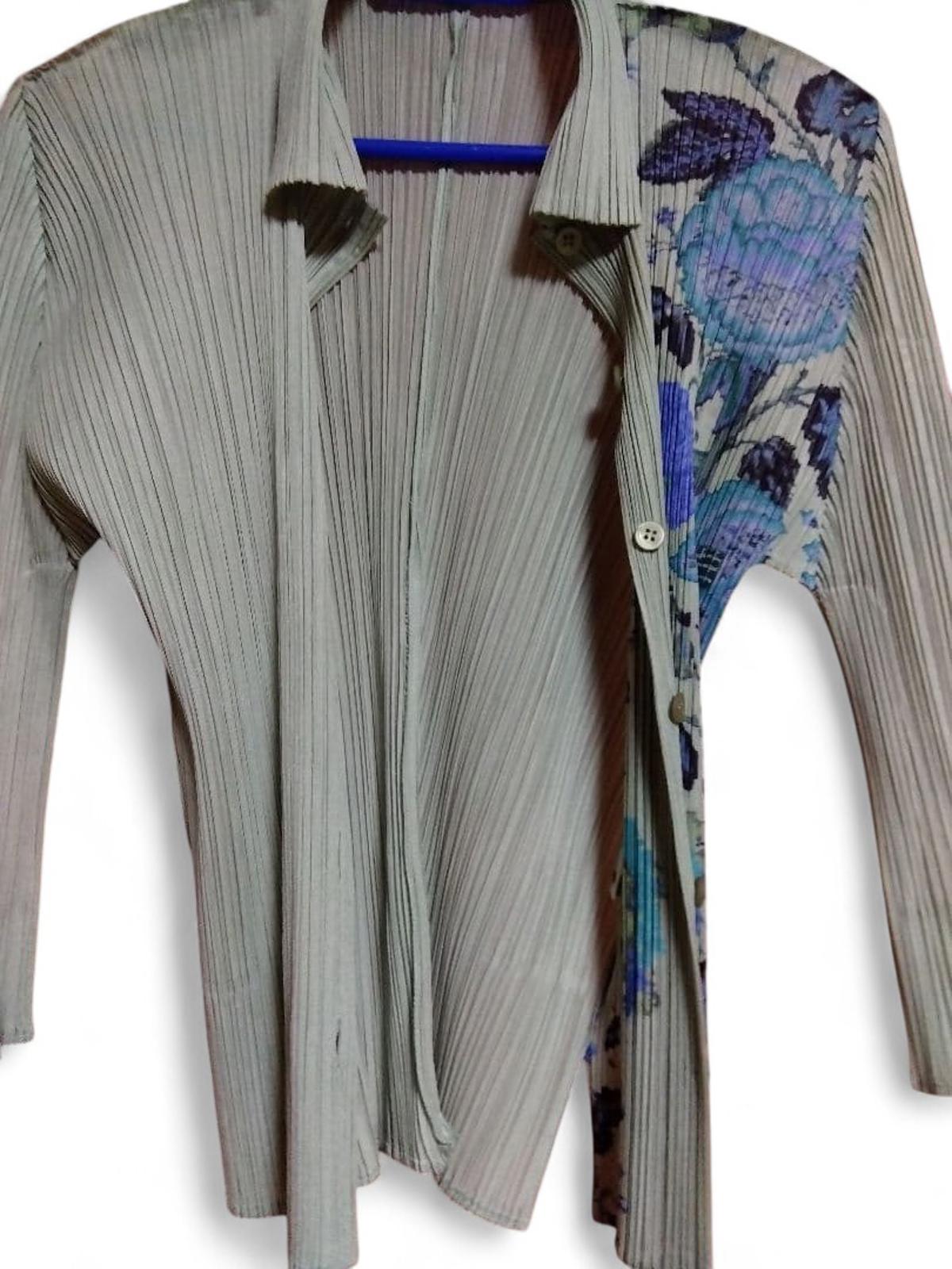 Issey Miyake - Pleats Please Ribbed Blouse Blue Floral Design
