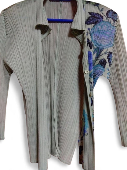 Issey Miyake - Pleats Please Ribbed Blouse Blue Floral Design
