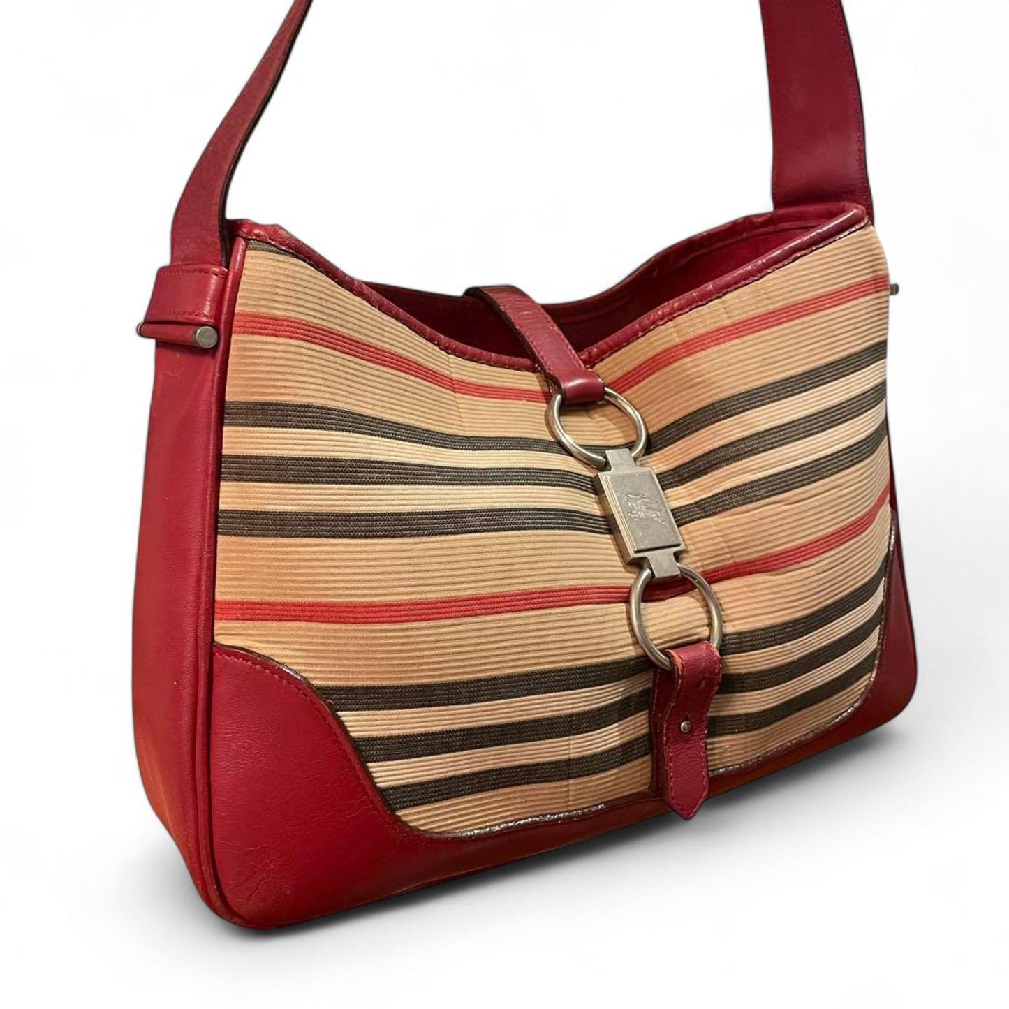 Burberry - Red and Beige Striped Leather Shoulder Bag