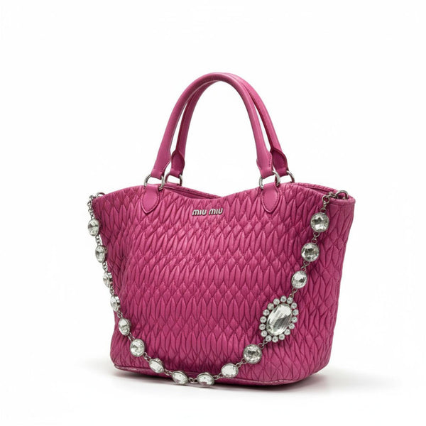 Miu Miu - Pink Quilted Leather Tote Bag with Crystal Chain