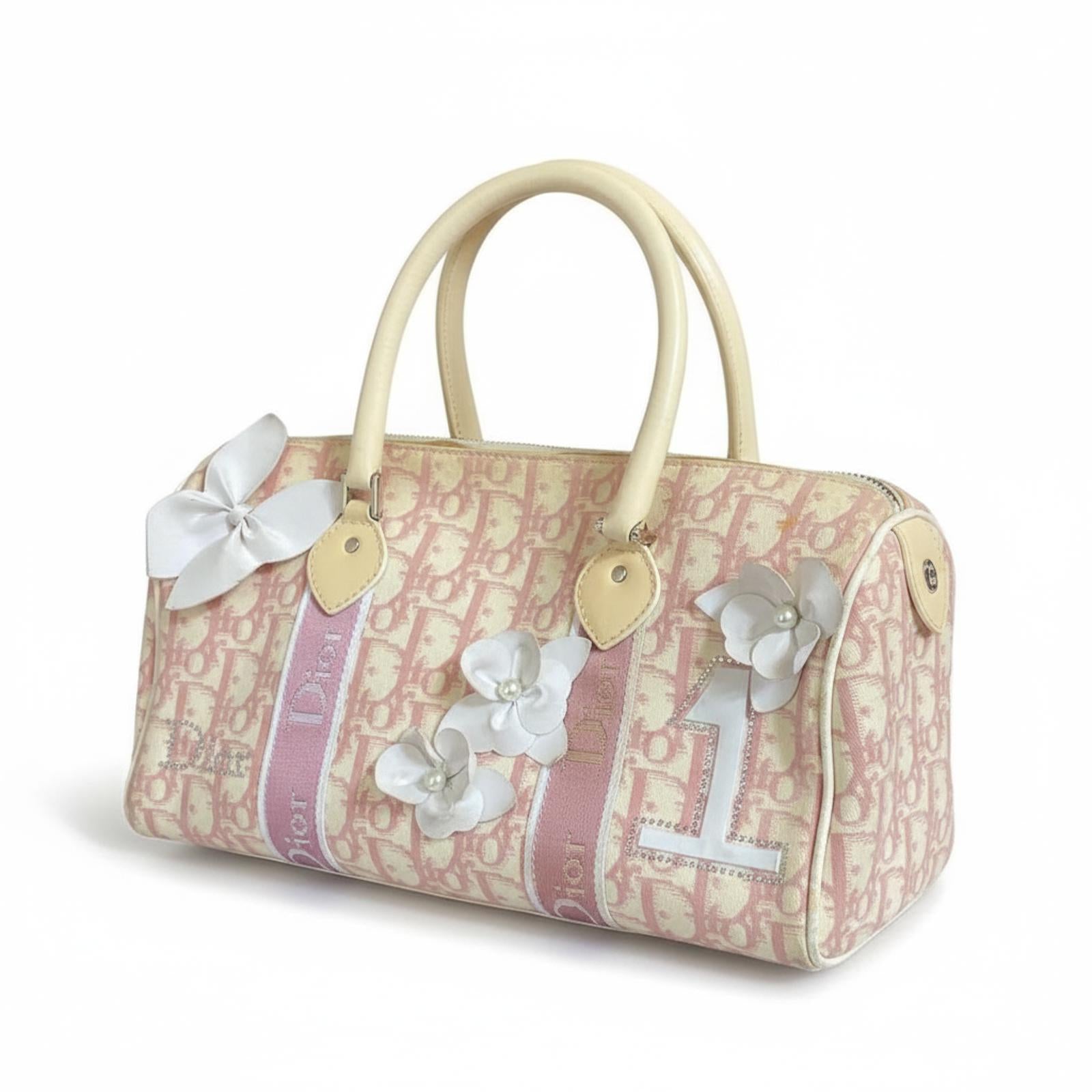 Dior - Pink and Cream Monogram Satchel Bag with Floral and Butterfly Embellishments
