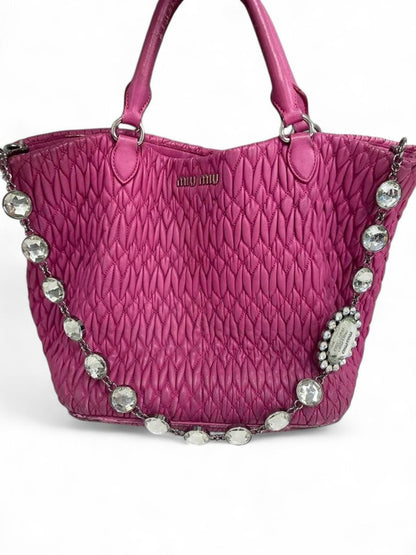 Miu Miu - Pink Quilted Leather Tote Bag with Crystal Chain