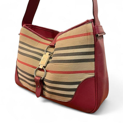 Burberry - Red and Beige Striped Leather Shoulder Bag