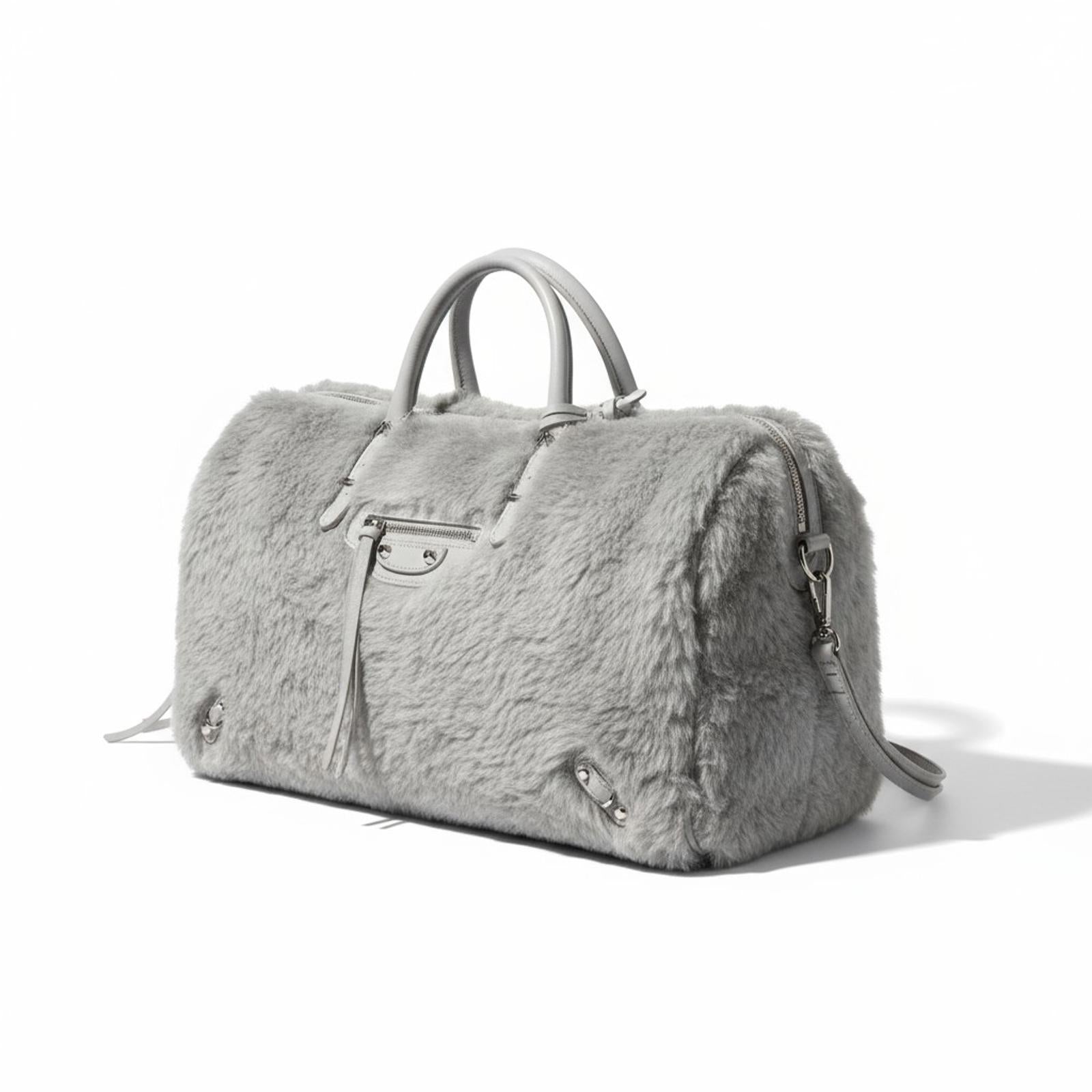 Balenciaga - Grey Shearling Fur Duffel Handbag