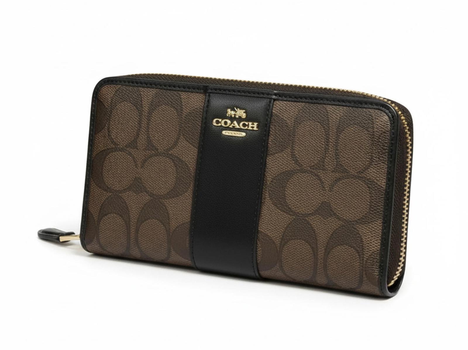 Coach - Signature Brown and Black Zip Around Wallet