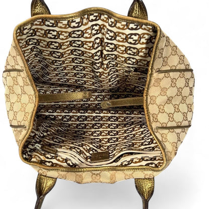Gucci - Beige Monogram Canvas Handbag with Gold Leather Trim