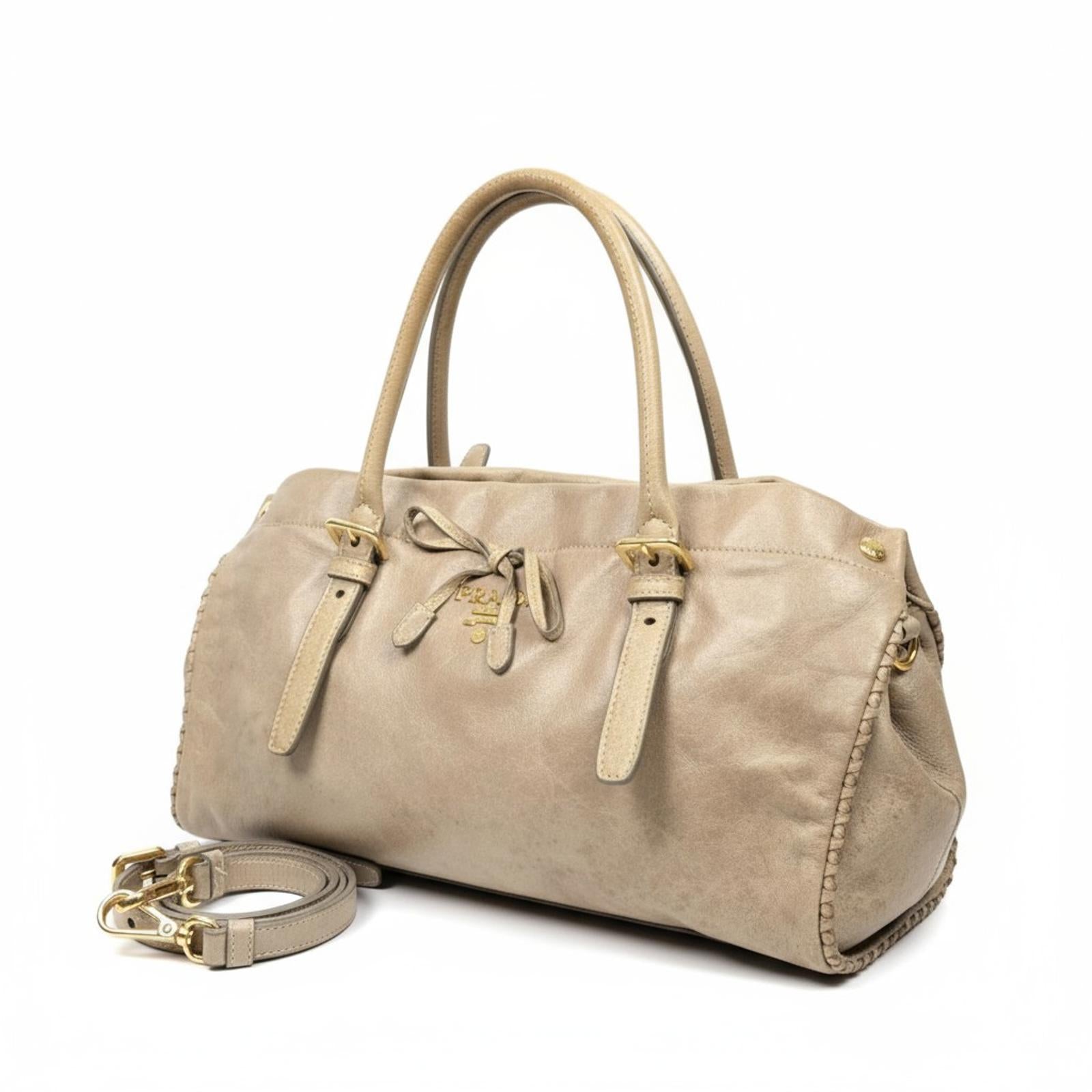 Prada - Beige Leather Handbag with Detachable Strap
