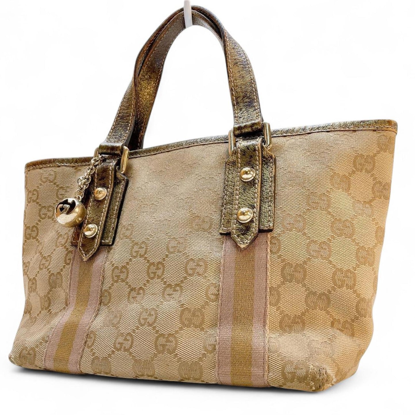 Gucci - Beige Monogram Canvas Handbag with Gold Accents