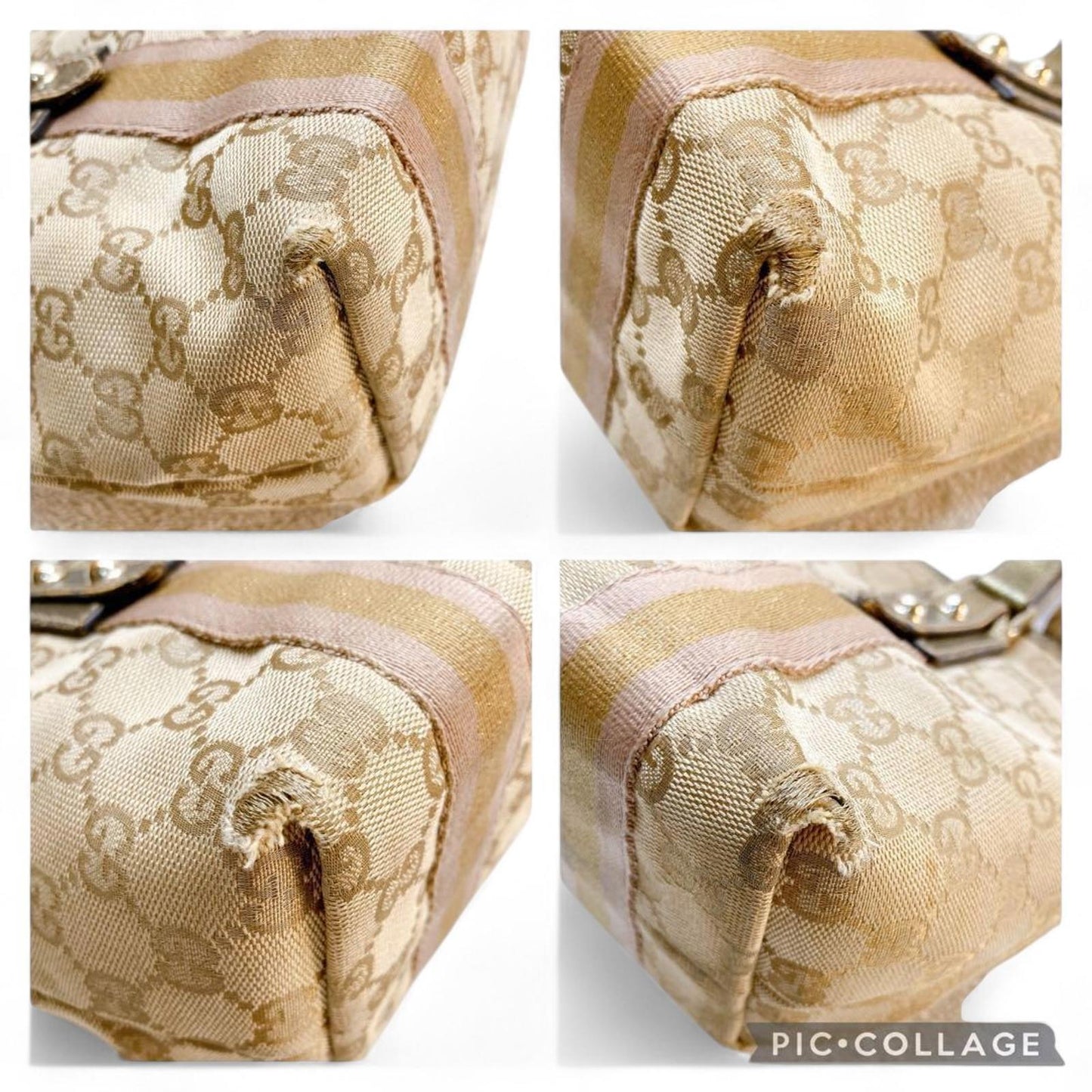Gucci - Beige Monogram Canvas Handbag with Gold Accents