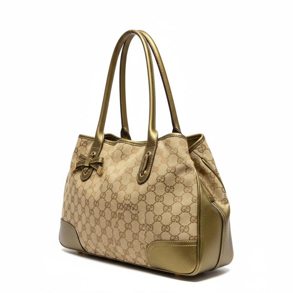 Gucci - Beige Monogram Canvas Handbag with Gold Leather Trim