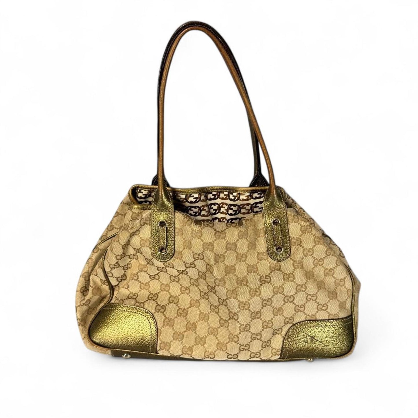 Gucci - Beige Monogram Canvas Handbag with Gold Leather Trim