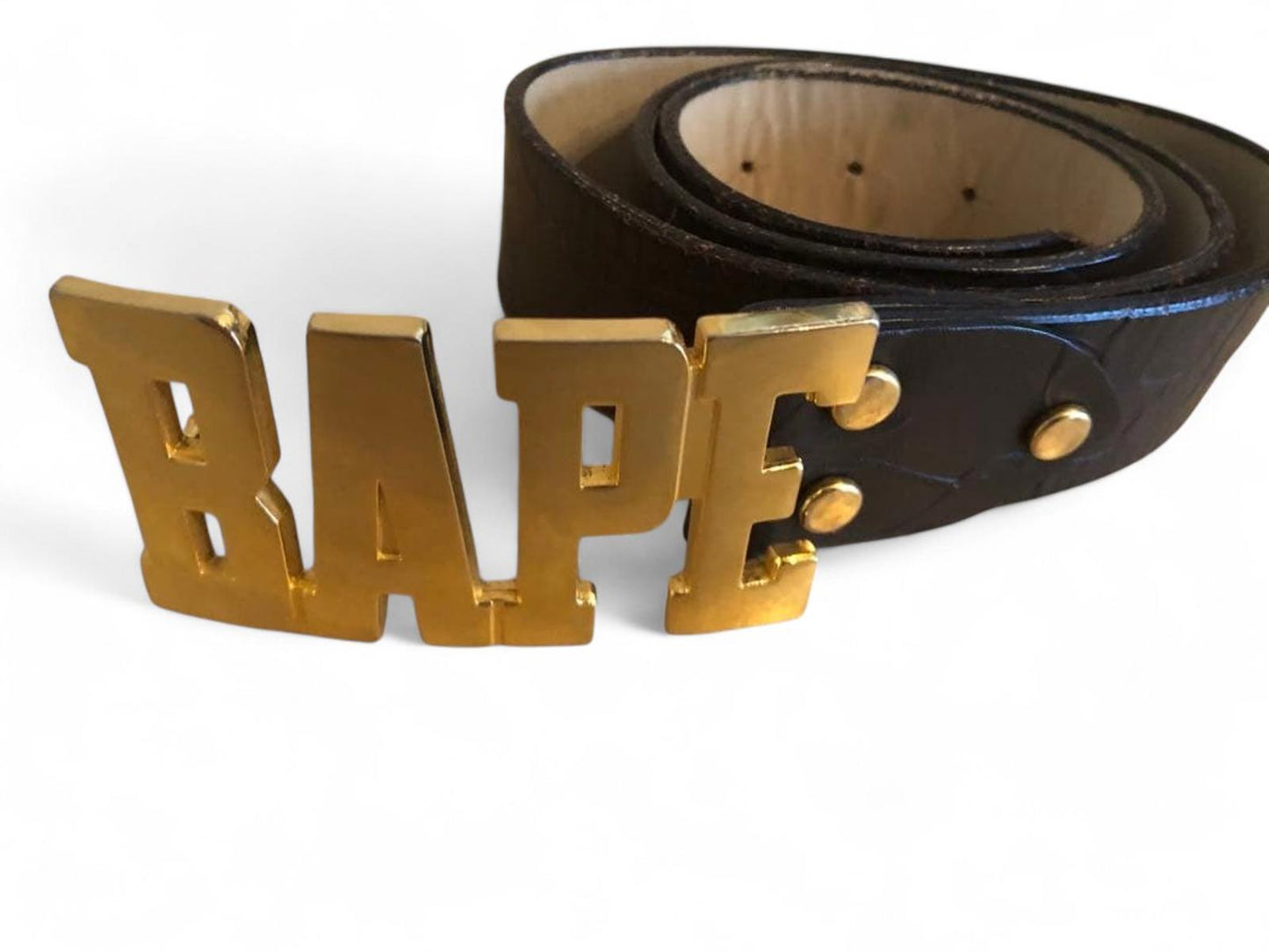 BAPE - Gold Letter Logo Belt Buckle Black Leather Belt