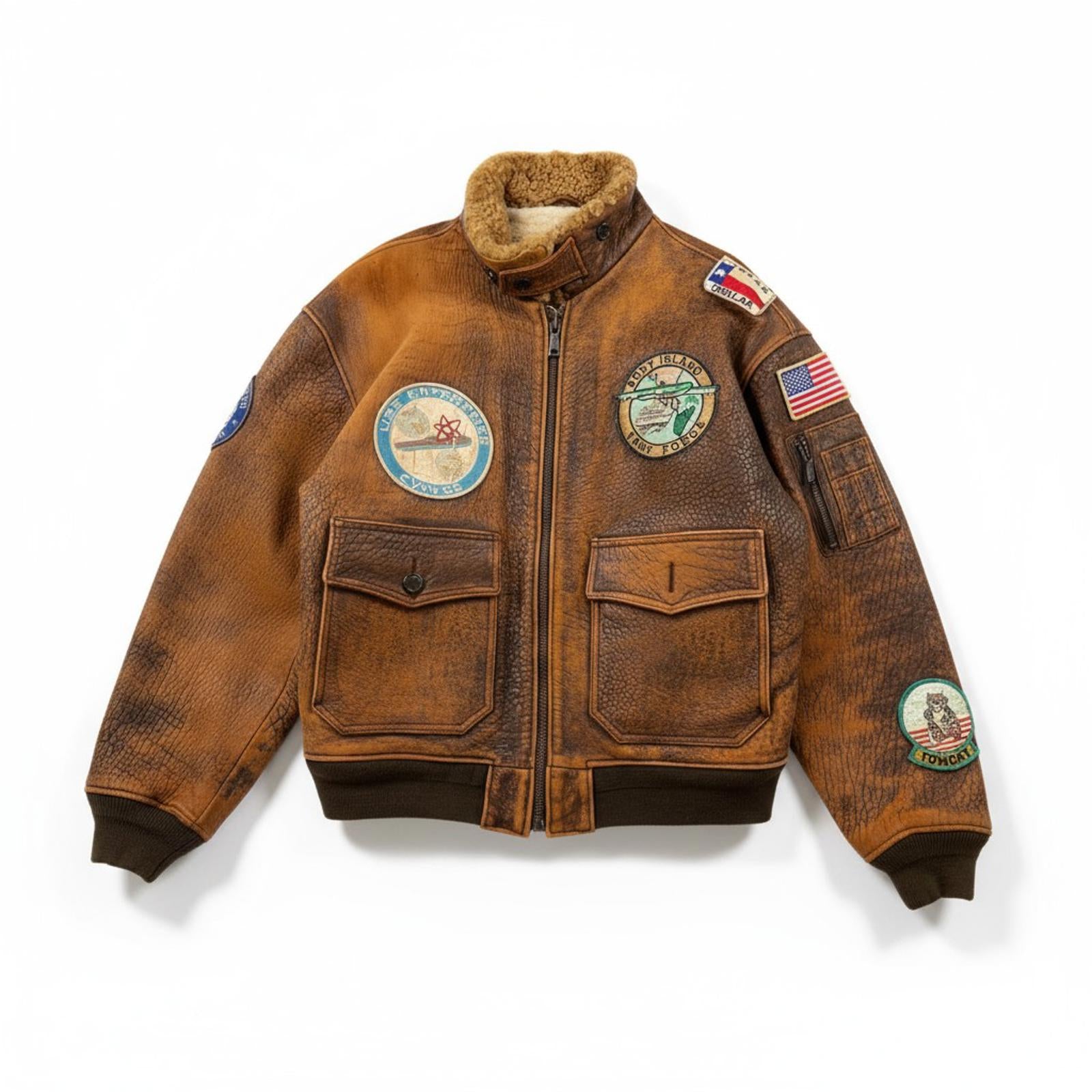 Avirex - Vintage Style Brown Leather Bomber Jacket with PTC