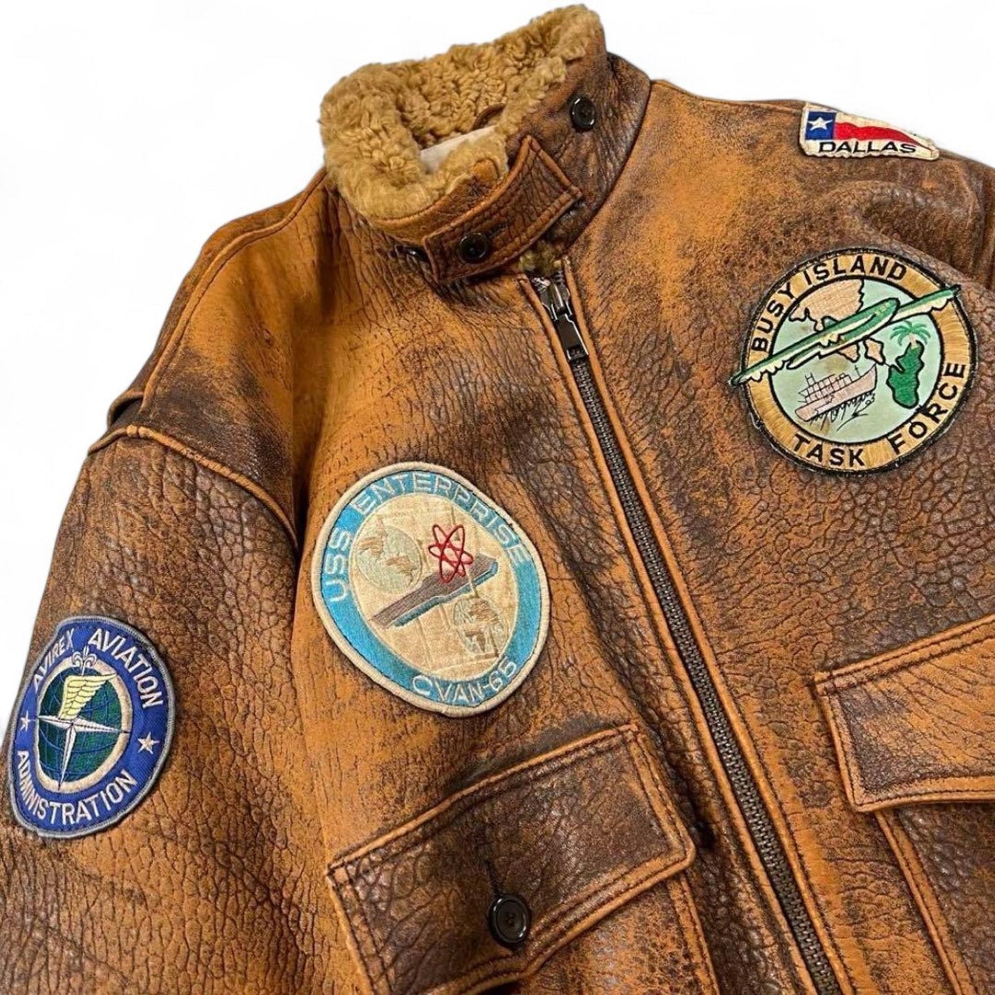 Avirex - Vintage Style Brown Leather Bomber Jacket with PTC