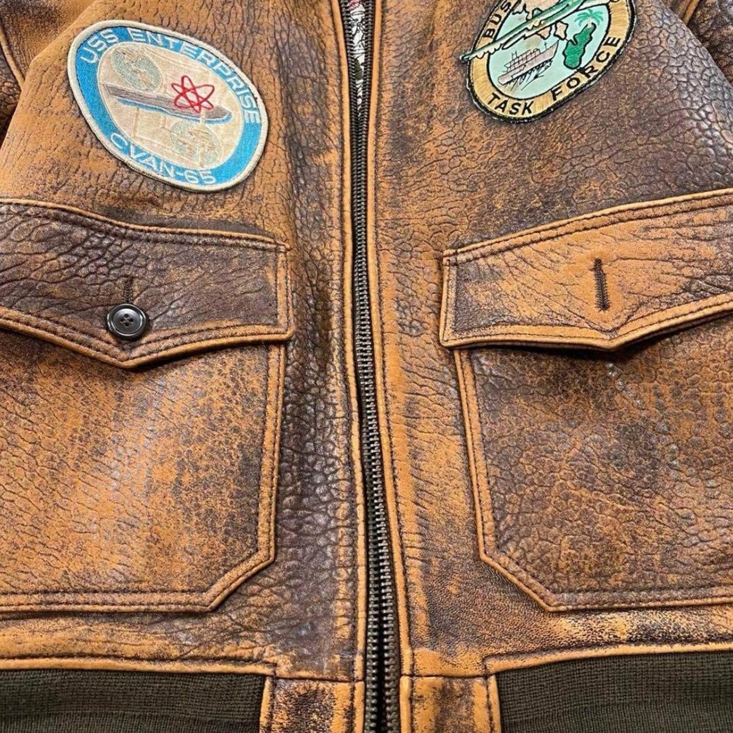 Avirex - Vintage Style Brown Leather Bomber Jacket with PTC