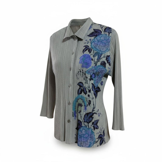 Issey Miyake - Pleats Please Ribbed Blouse Blue Floral Design