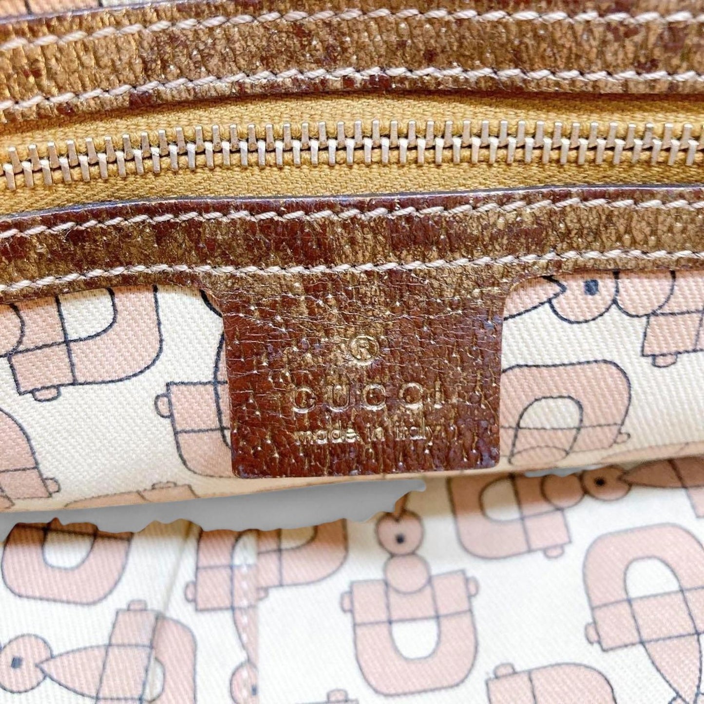 Gucci - Beige Monogram Canvas Handbag with Gold Accents