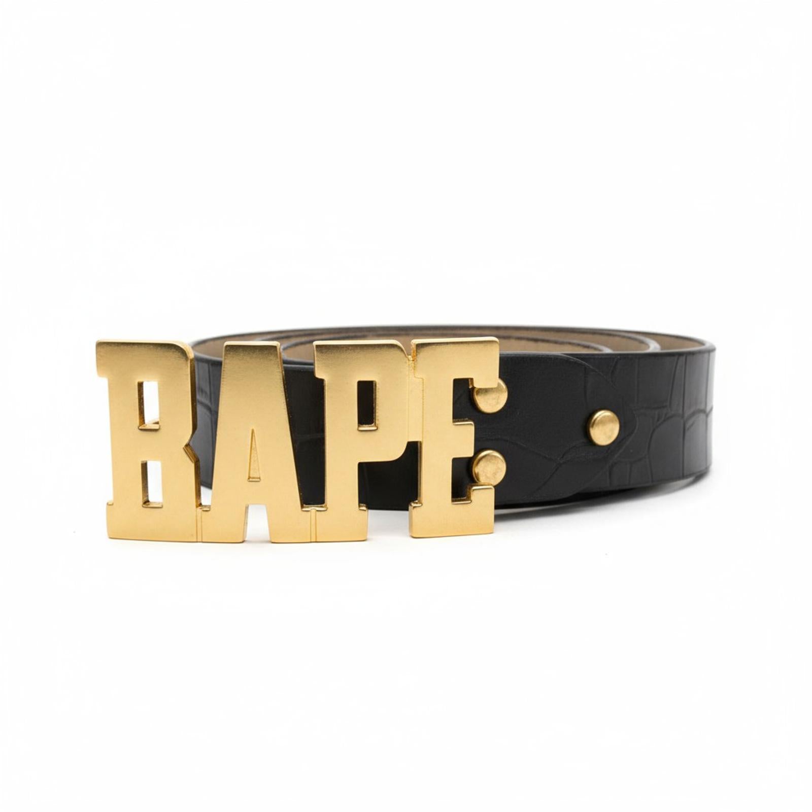 BAPE - Gold Letter Logo Belt Buckle Black Leather Belt