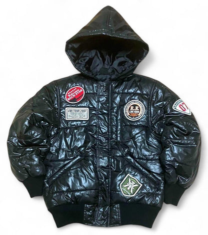Kuwa - Black Hooded Puffer Jacket Patches
