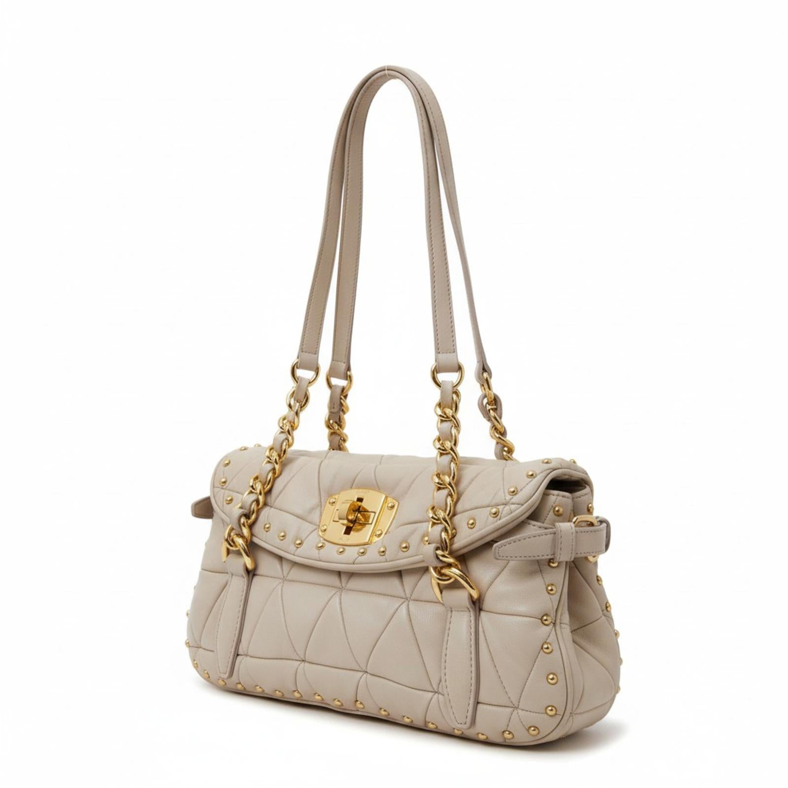 Miu Miu  - Quilted Leather Shoulder Handbag with Gold Studs