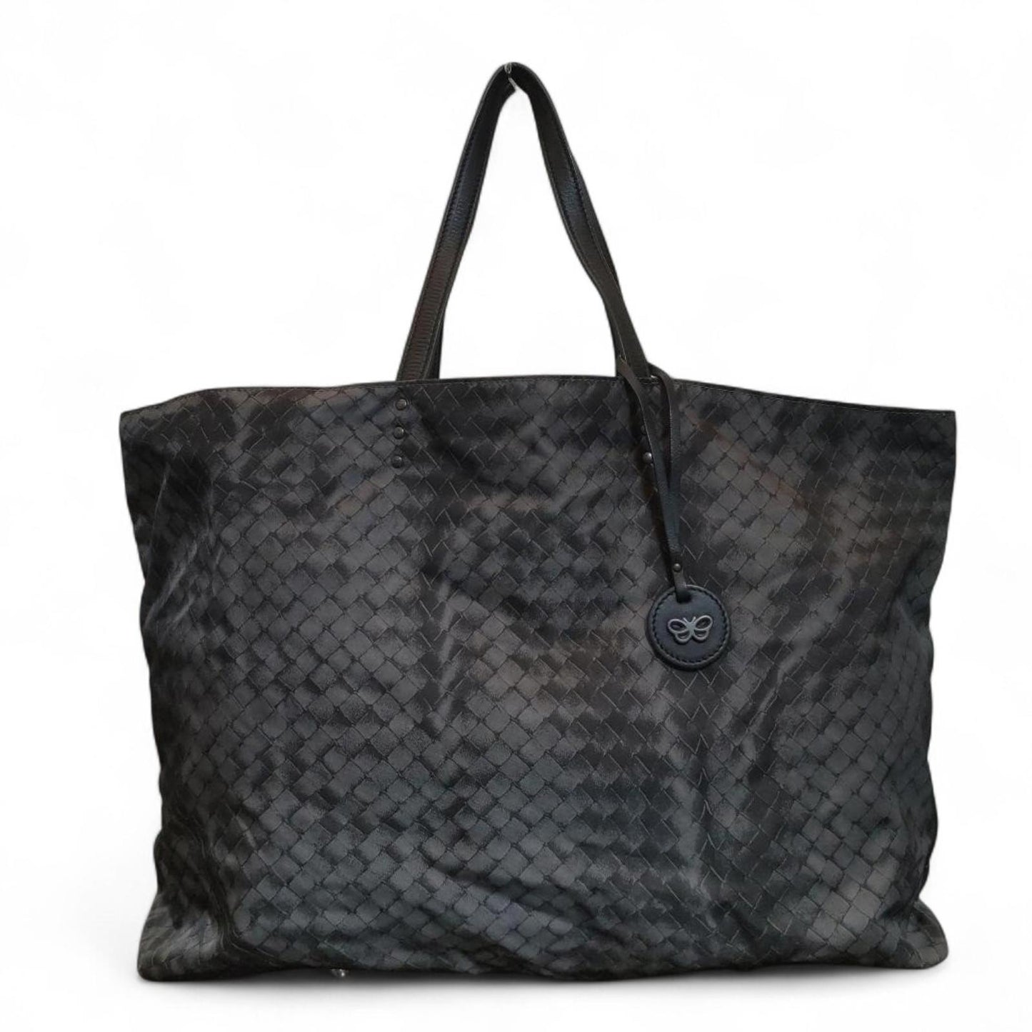Butterfly Logo Brand - Black Woven Leather Tote Bag