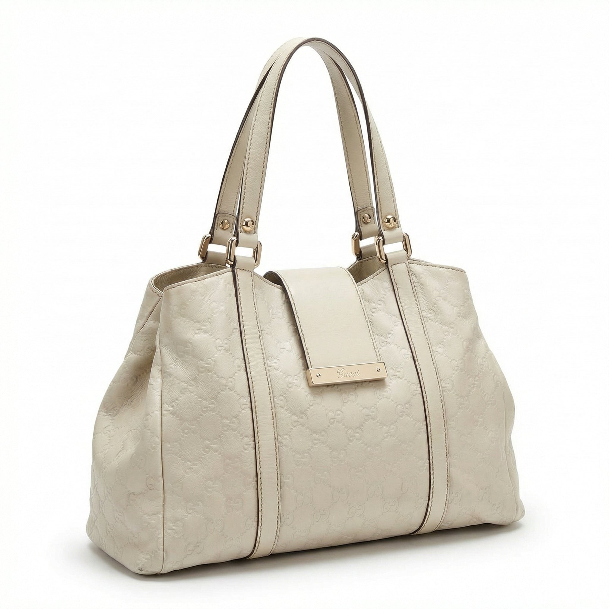 Gucci - Cream Leather Tote Bag with Signature GG Pattern
