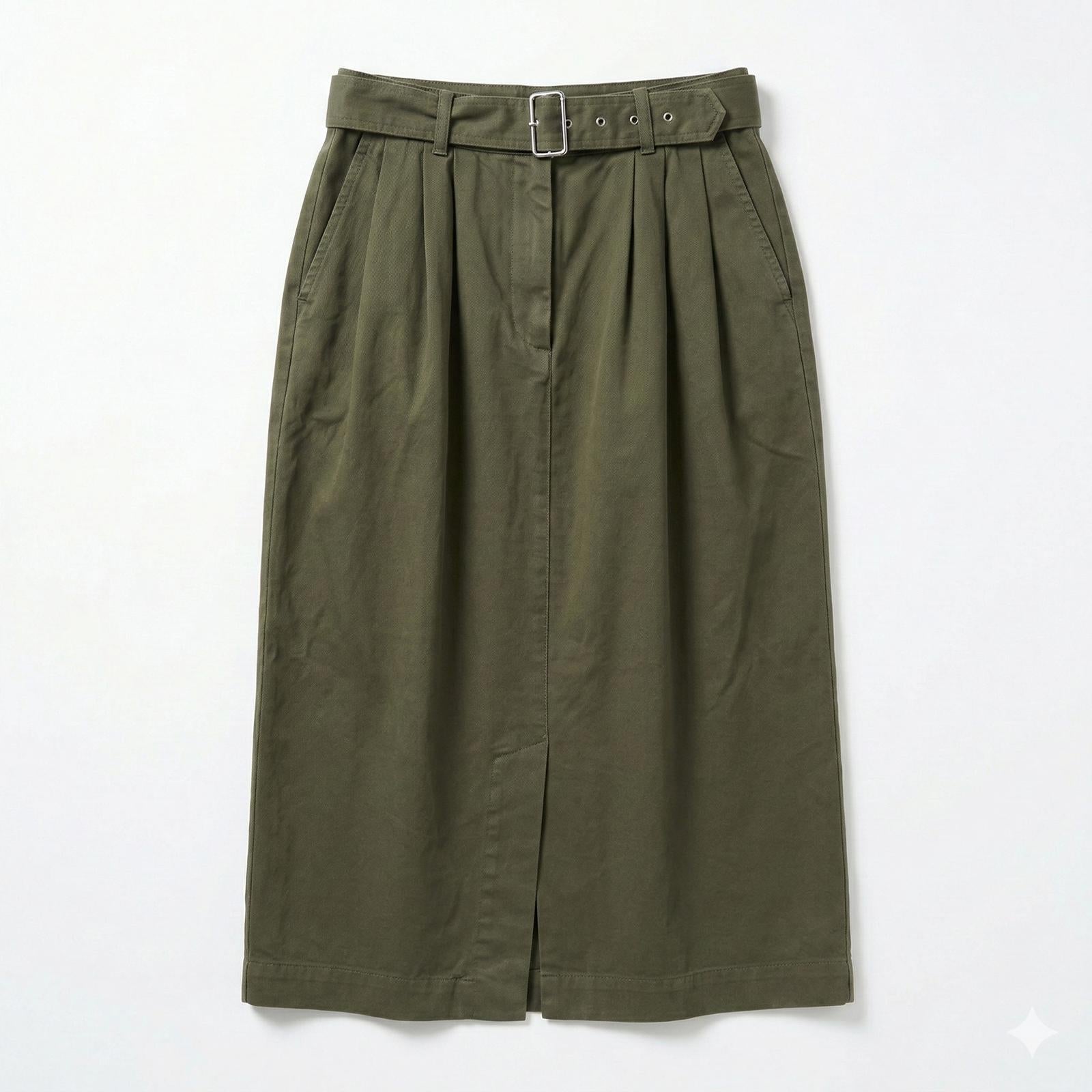 Dries Van Noten - Olive Green Belted Midi Skirt