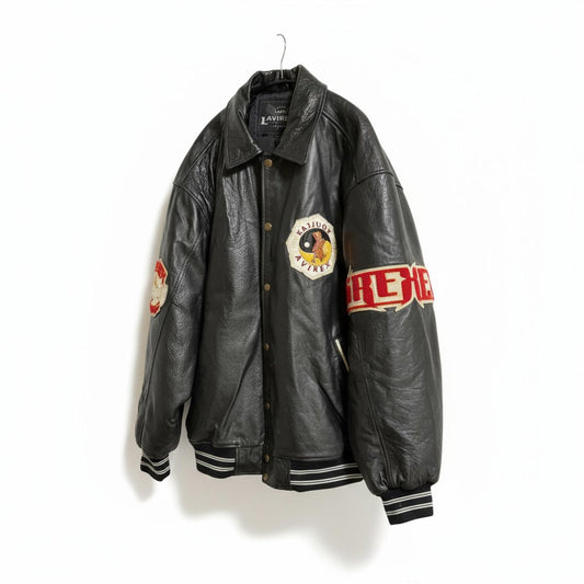 Avirex - XXL Black Leather Varsity Jacket with Embroidered