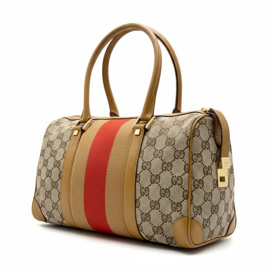 Gucci - Vintage GG Canvas Satchel Bag with Red Stripe