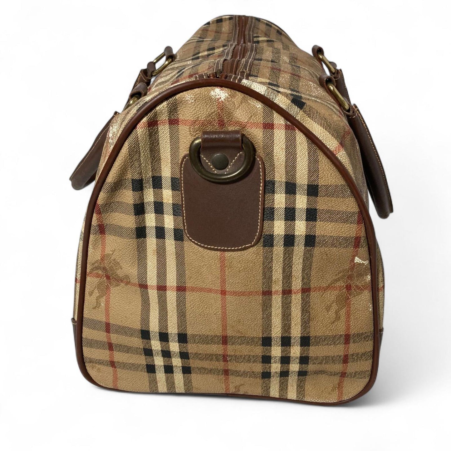 Burberry - Vintage Checkered Travel Bag with Brown Leather