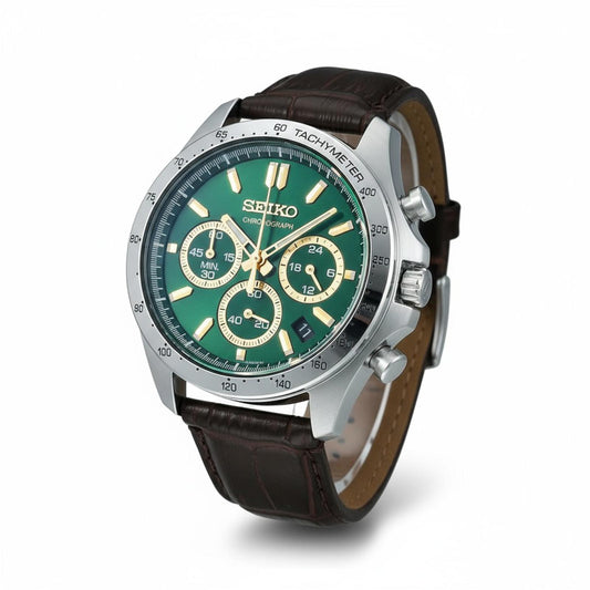 Seiko - Chronograph Watch Green Dial Brown Leather Strap