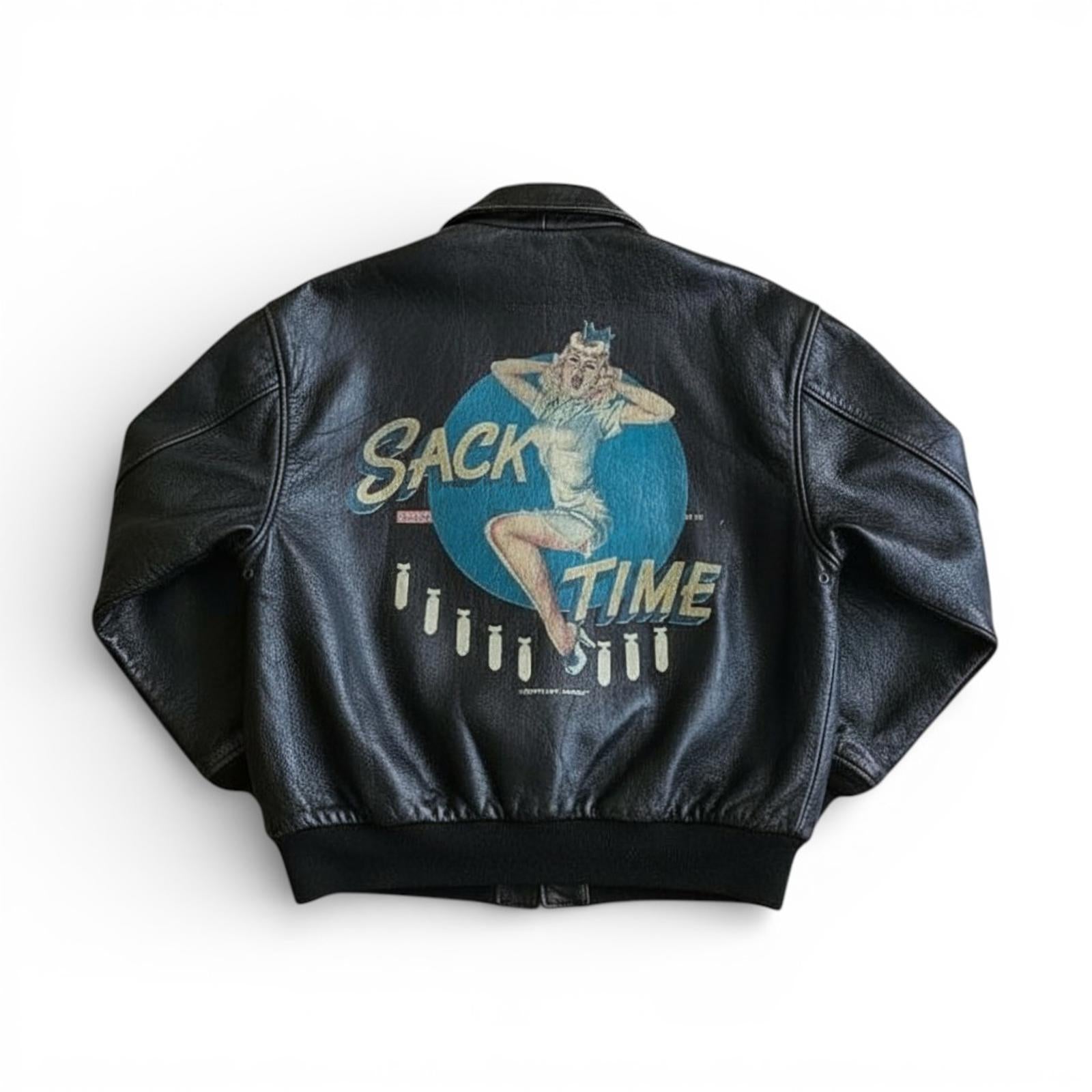 Avirexx - Men's Black Leather Bomber Jacket with Pin-