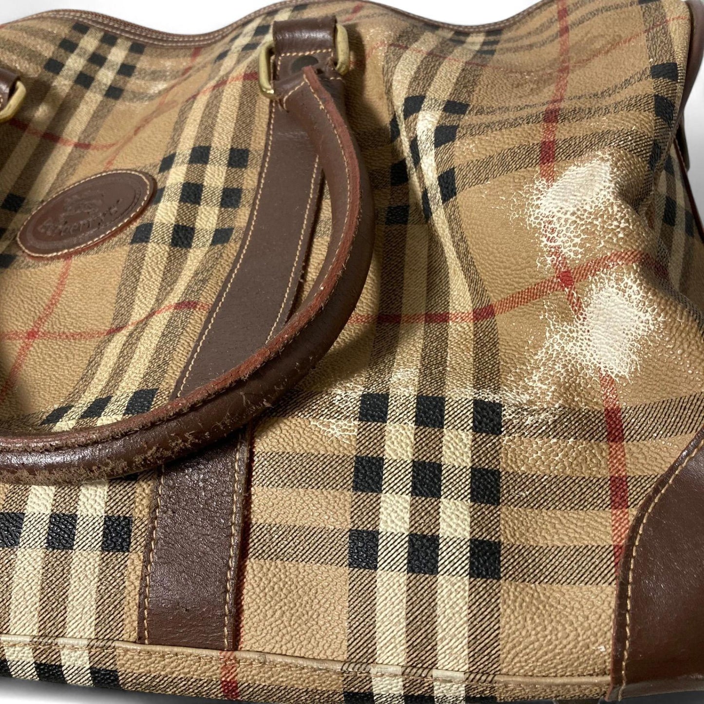 Burberry - Vintage Checkered Travel Bag with Brown Leather