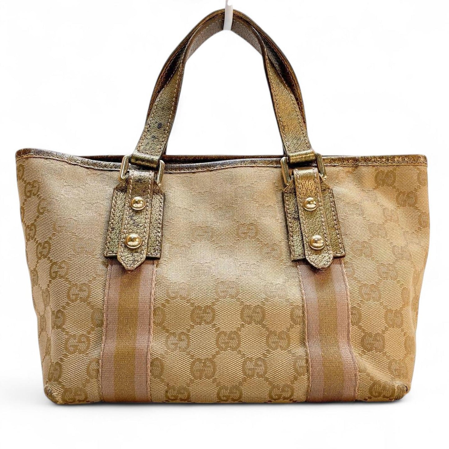 Gucci - Beige Monogram Canvas Handbag with Gold Accents