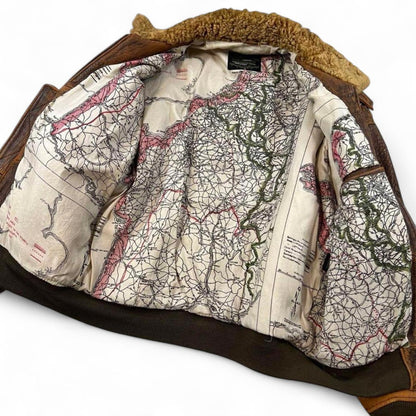 Avirex - Vintage Style Brown Leather Bomber Jacket with PTC