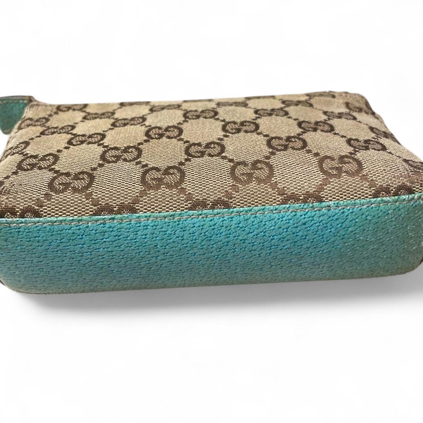 Gucci - Monogram Canvas Pouch with Turquoise Leather Trim